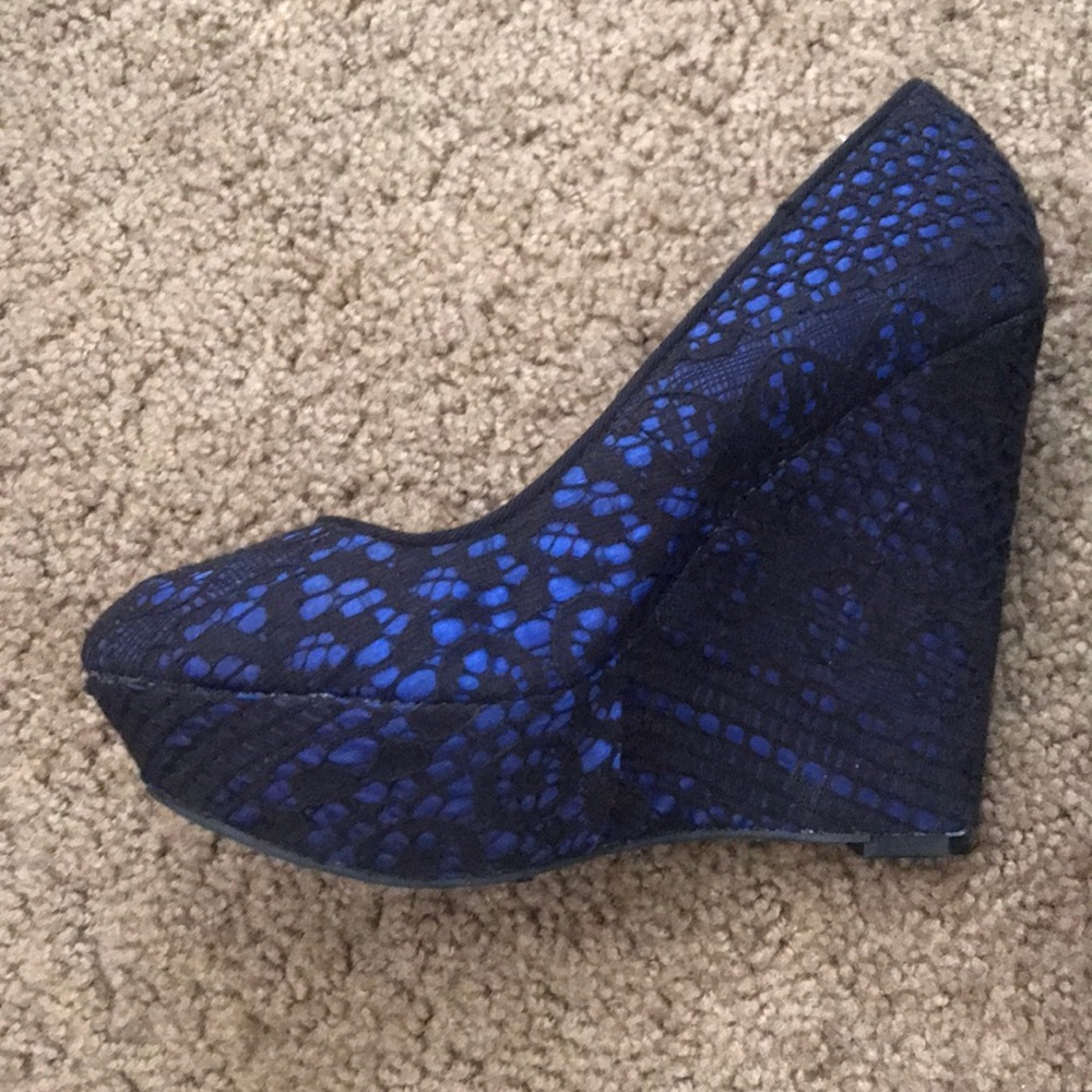 Blue and black high wedges